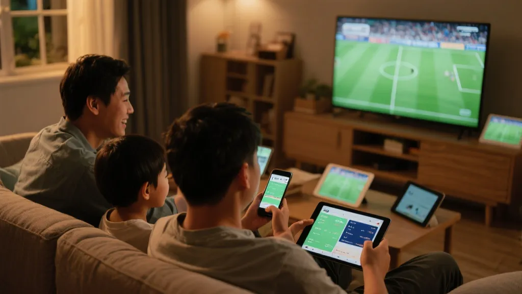 家庭在客厅多设备观看比赛，电视主屏与手机平板同步的温暖场景